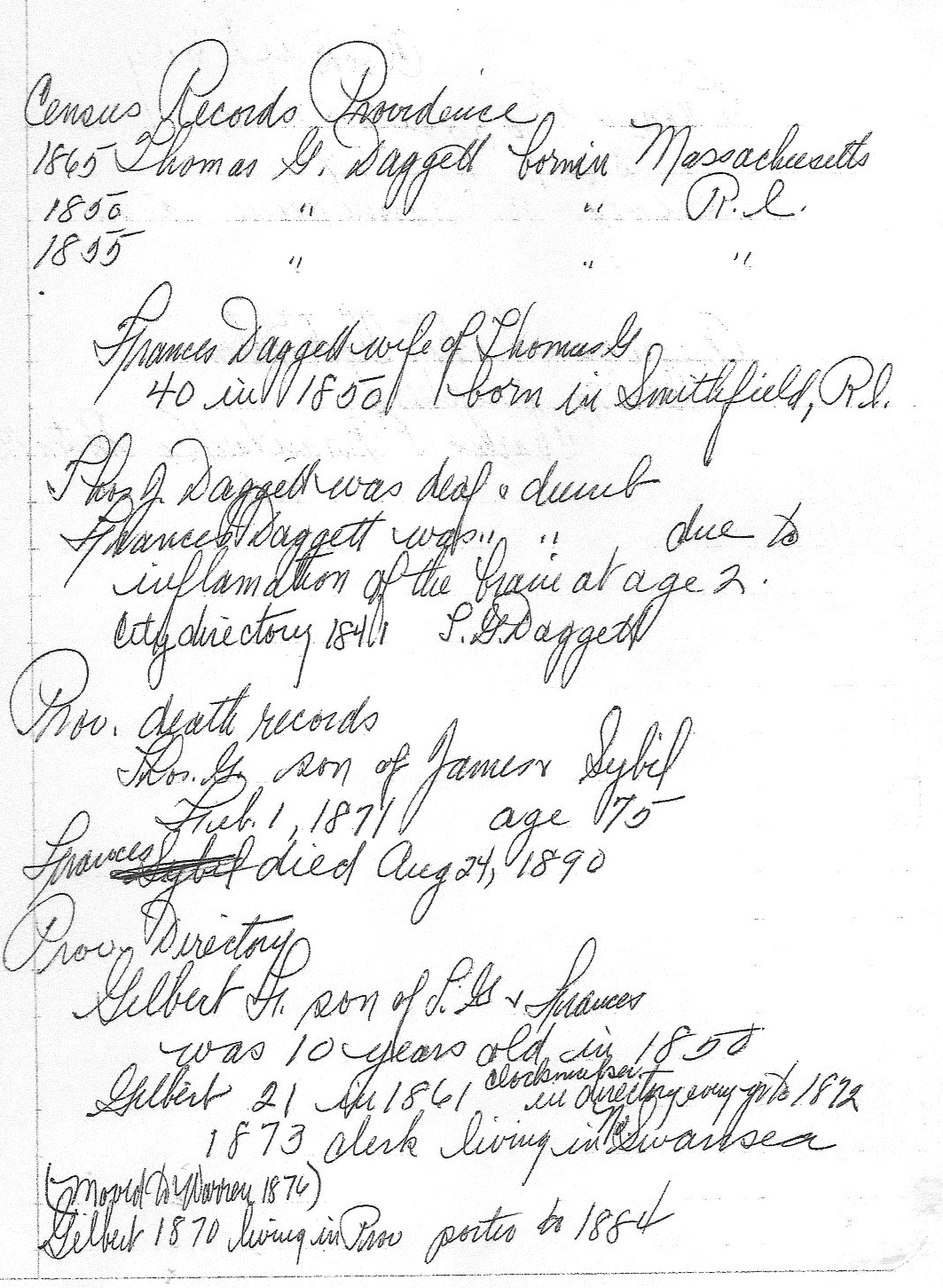 Notes on Daggett Family in census