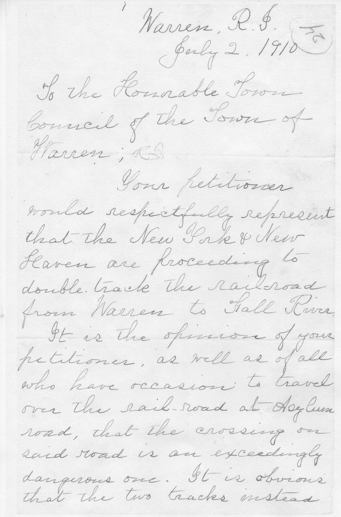1910 Bowen Letter to Town of Warren