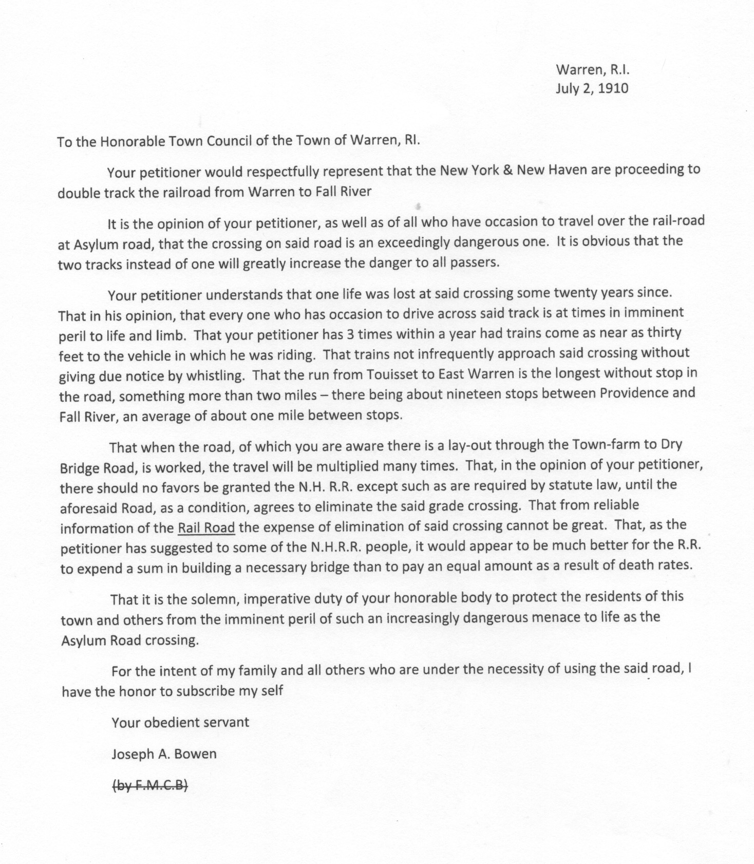 1910 Bowen Letter to Town of Warren